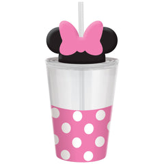 Disney Minnie Mouse Plastic Mason Cup, Straw, Pink/Black, 18-oz