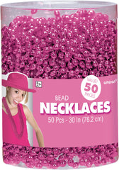 Bright Pink Bead Necklaces, 30 inch, 50 Pack