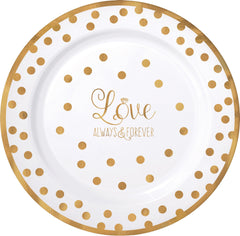 Love Always & Forever Dinner Plastic Plates, Gold/White, Polka Dot, 10-inch, 10-pk