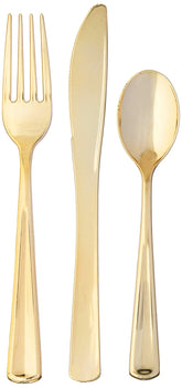 Premium Gold Plastic Cutlery Set | 16 Forks, 8 Spoons, 8 Knives