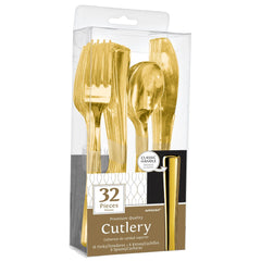 Premium Gold Plastic Cutlery Set | 16 Forks, 8 Spoons, 8 Knives