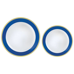 Round Bordered Plastic Plates, Blue/Gold, 7.5 inch & 10.5 inch, 20-pk