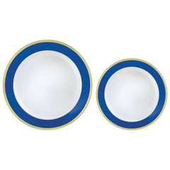 Round Bordered Plastic Plates, Blue/Gold, 7.5 inch & 10.5 inch, 20-pk