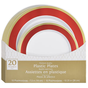 Red & Gold Bordered Premium Plastic Plates, 7.5 inch & 10.25 inch, 20-Pack