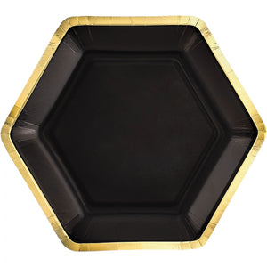 Black Hexagonal Metallic 9-inch Dinner Paper Plates, 8-pk