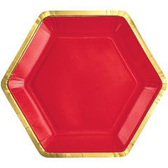 Red Hexagonal Metallic Paper Plates - 9-inch, 8-pk