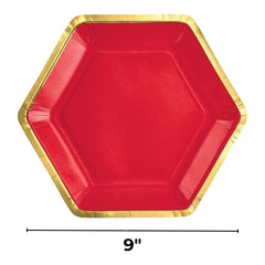 Red Hexagonal Metallic Paper Plates - 9-inch, 8-pk