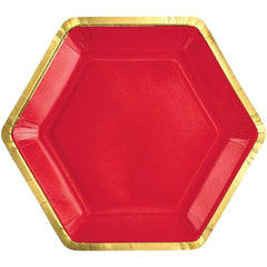 Red Hexagonal Metallic Paper Plates - 9-inch, 8-pk