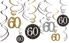 Sparkling Celebration 60th Birthday Swirl Decorations, Gold/Silver/Black, 10 inch, 12-pk