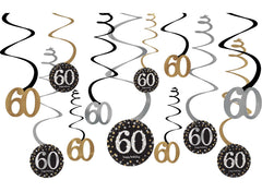 Sparkling Celebration 60th Birthday Swirl Decorations, Gold/Silver/Black, 10 inch, 12-pk