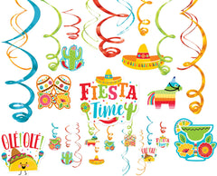 Fiesta Time Swirl Hanging Decorations, Orange/Blue, 12.5-inch, 30-pk