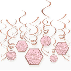 Blush Birthday Swirl Hanging Decorations, Rose Gold, 10-inch, 12-pk