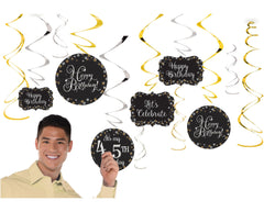 Sparkling Celebration Swirl Hanging Decorations, Gold/Silver/Black, 10-inch, 12-pk