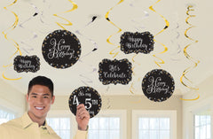 Sparkling Celebration Swirl Hanging Decorations, Gold/Silver/Black, 10-inch, 12-pk