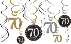 Sparkling Celebration 70 Swirl Decorations, Gold/Silver/Black, 10-inch, 12-pk