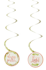Love & Leaves Swirl Hanging Decorations, Rose Gold/Green, 10-inch, 12-pk