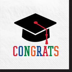 "Congrats" Beverage Napkins, White/Multi-Colored, 5-inch, 16-pk, Graduation