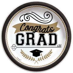 "Congrats Grad" Round Paper Lunch Plates, White/Gold, 9-inch, 50-pk