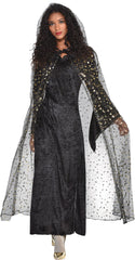 Adult Celestial Hooded Sheer Cape, Black Stars & Moons, One Size