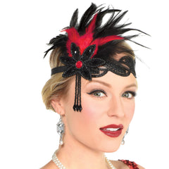 1920s Sequin & Feather Flapper Headband, Red/Black, One Size