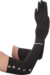 1920s Elbow Long Satin Gloves, Rhinestone Bracelet, Black, One Size