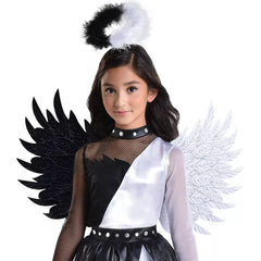 Child Twisted Angel White/Black Dress, Wings & Halo