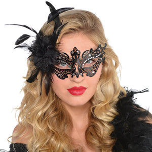 Feather Filigree Flower Masquerade Mask, Black, One Size