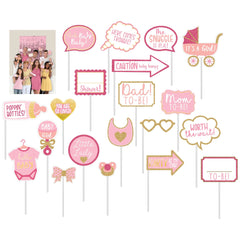 Glitter Pink & Gold Baby Shower Photo Booth Props, 21-pc - Case of 24