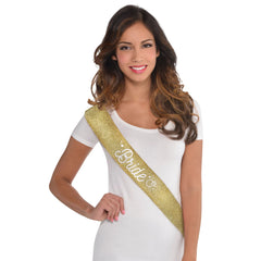 Bride Glitter Sash, Gold/White, One Size - Pack of 2
