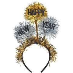 Happy New Year Tinsel Ball Headband, Gold/Silver, One Size - Pack of 6