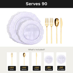Purple Leaf Deluxe Set | Plates & Gold Cutlery | Serves 90