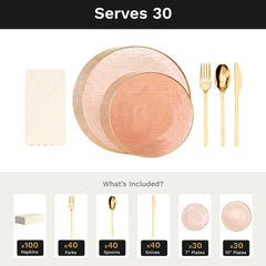 Pink Weave Ultimate Set | Plates, Gold Cutlery & Napkins | Serves 30