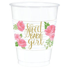 Floral Baby Girl Plastic Cups, 16-oz, 25-ct - Case of 36