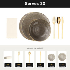 Smoke Weave Ultimate Set | Plates, Gold Cutlery & Napkins | Serves 30