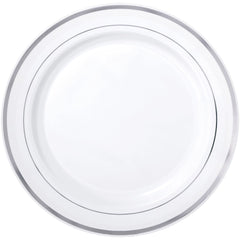 Round Bordered Trimmed Plastic Reusable Dinner Plates, Silver/ White, 10-in, 40-pk