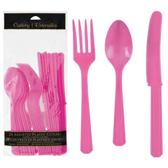 Bright Pink Assorted Plastic Cutlery Set - 24 Pieces - Pack of 12