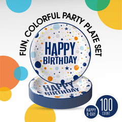 9 In. Blue Birthday Print Paper Plates | 100 Count