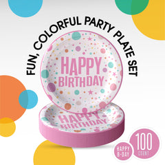 7 In. Pink Birthday Print Paper Plates | 100 Count