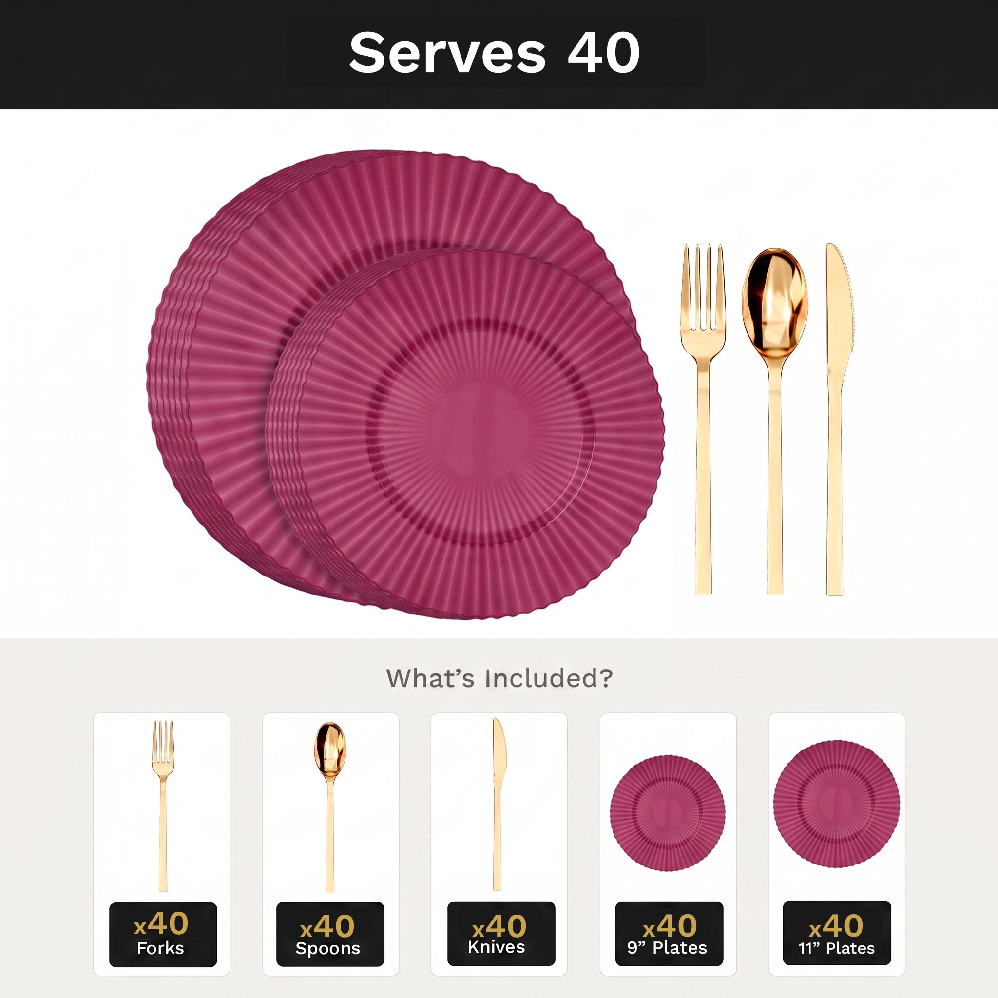 Mahogany Gemstone Deluxe Set | Plates & Gold Cutlery | Serves 40