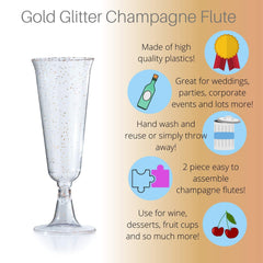 5 Oz. Gold Sparkle Plastic Flute Glasses | 24 Count