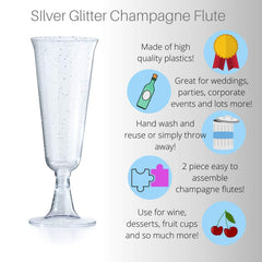 5 Oz. Silver Sparkle Plastic Flute Glasses | 24 Count