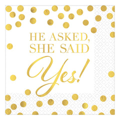 He Asked, She Said Yes! Beverage Napkins, White/Gold, 5-inch, 16-ct - Pack of 12