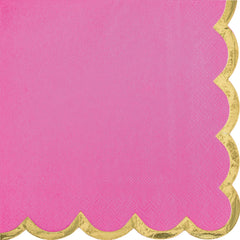 Bright Pink Scalloped Edge Beverage Napkins with Gold Hot Stamp, 16-ct - Pack of 12