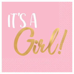Oh Baby It's a Girl Beverage Napkins, Pink/Gold, 5 inch, 16-ct - Case of 72