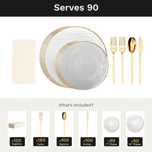 Clear Weave Ultimate Set | Plates, Gold Cutlery & Napkins | Serves 90