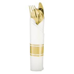 Elegant Gold Rolled Cutlery Set with Printed Guest Towel | 10 Count