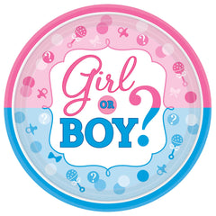 "Girl or Boy?" Round Paper Dessert Plates, Blue/Pink, 7-inch, 8-ct - Case of 72