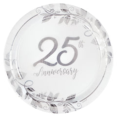 25th Anniversary Round Dessert Paper Plates, White/Silver, 7-inch, 8-ct - Pack of 3