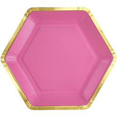 Bright Pink Hexagon Metallic Party Paper Plates - 9-inch, 8-ct - Case of 48