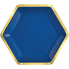 Royal Blue 9" Hexagon Metallic Paper Plate, 8-pk | Case of 48
